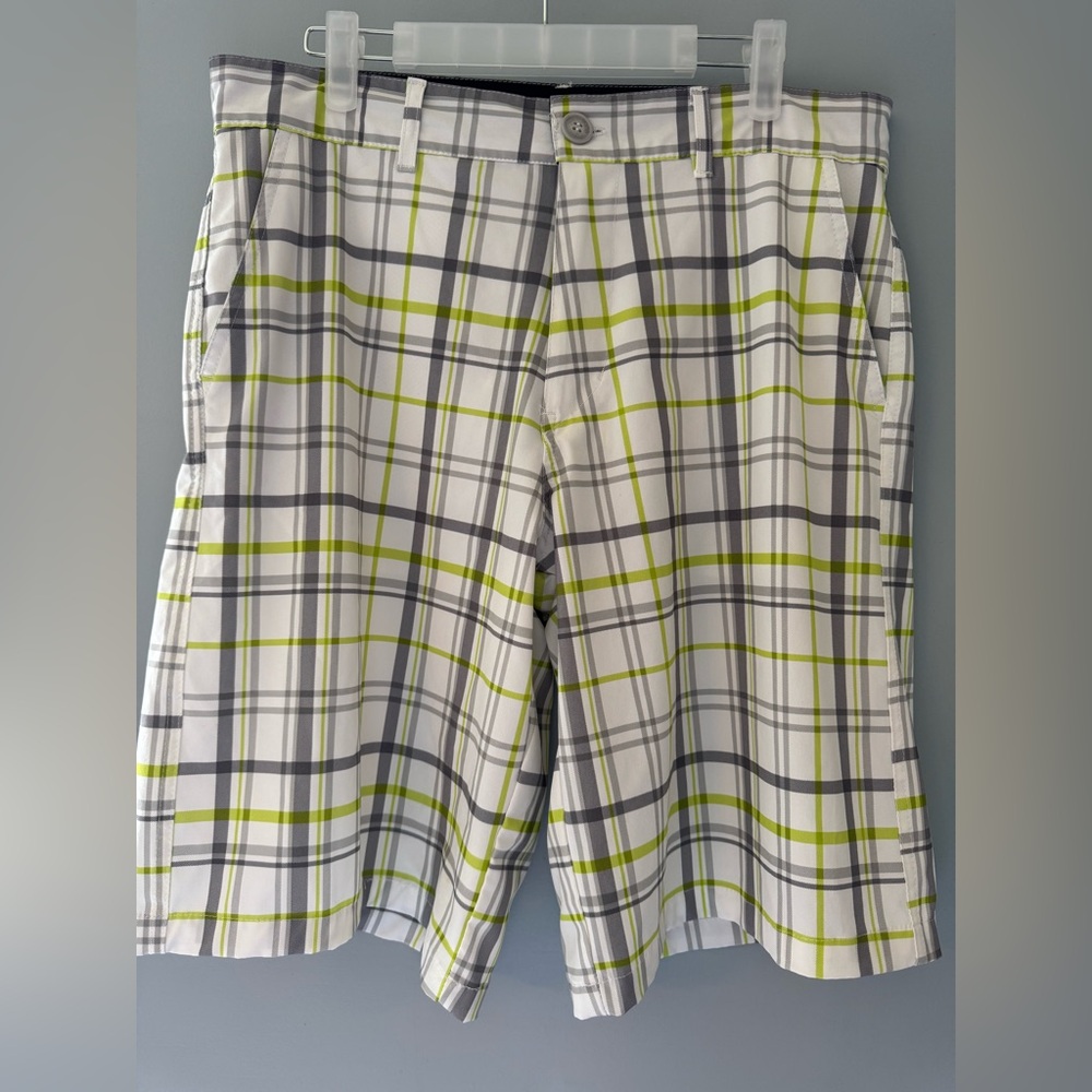 OP OCEAN PACIFIC Men’s 4 Way Stretch Board Shorts Size 32 White Gray Lime Plaid